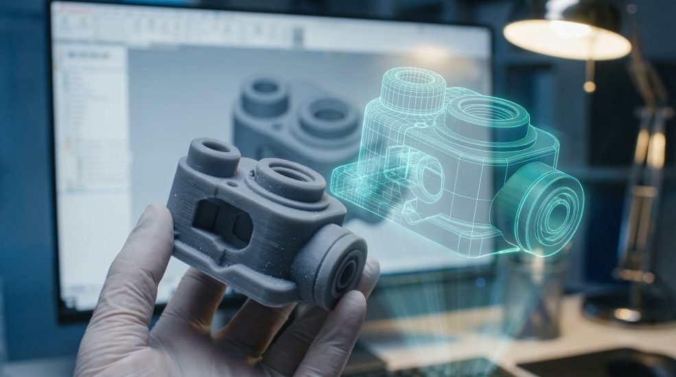 concept of hands holding a grey 3d printed mechanical part overlayed with a glowing blue digital cad hologram.